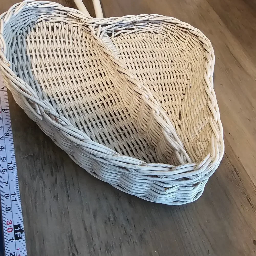 Vintage Heart Wicker Basket Divided Serving Tray Boho Handle White Wash Cottage